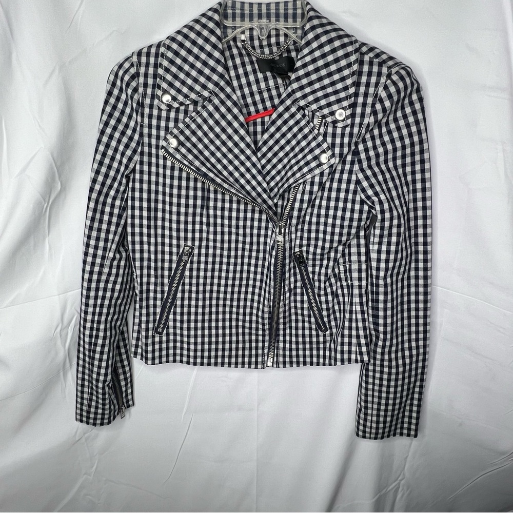 J. CREW Womens MOTORCYCLE JACKET Blue White Gingham SIZE 4 Zipper Front NWT - Picture 2 of 9